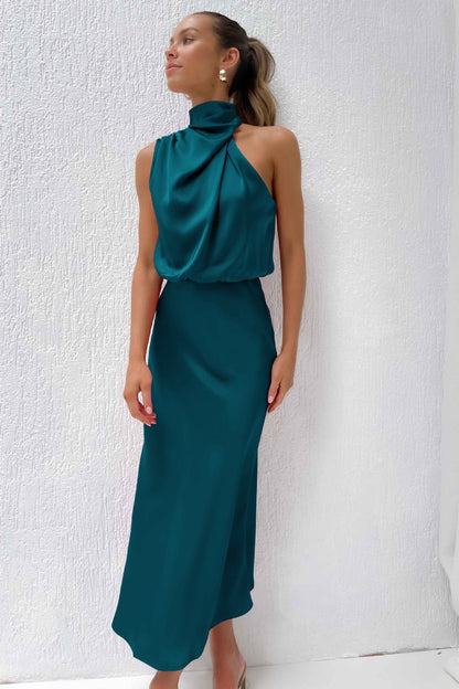Allegra Dress | Women's Halter Neck Satin Long Dress