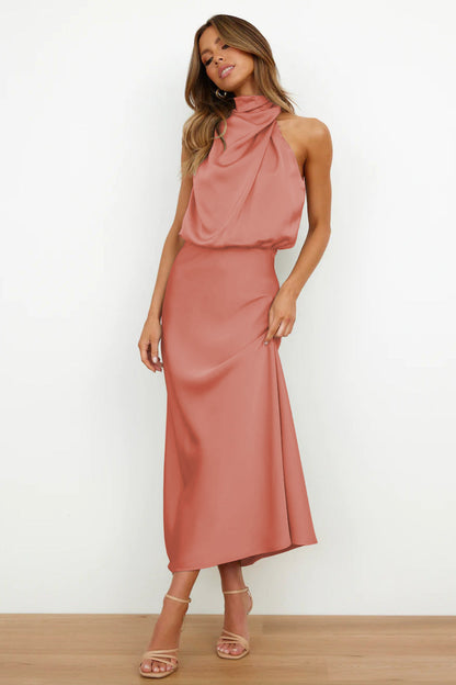 Allegra Dress | Women's Halter Neck Satin Long Dress