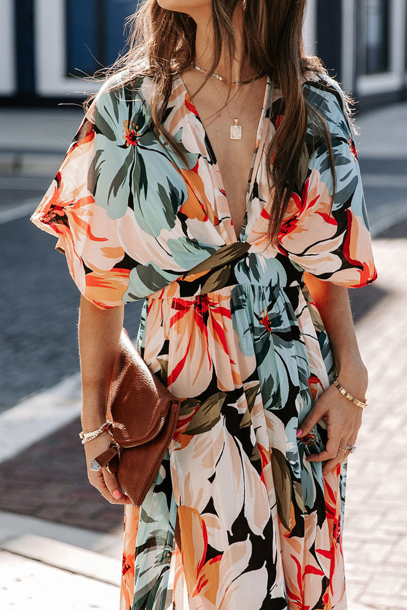 Antonia Dress | Floral V-Neck Long Dress with Slit