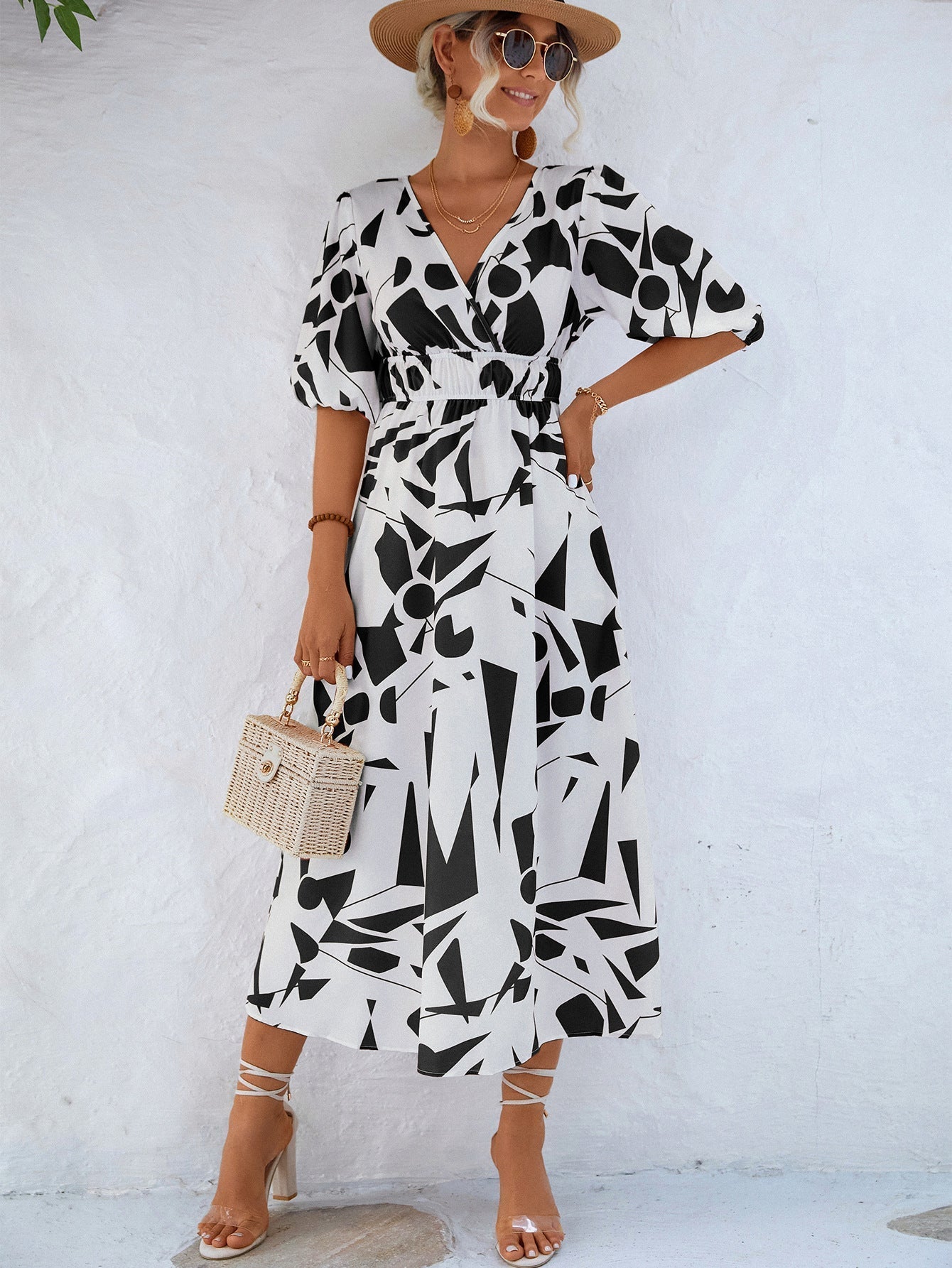 April Dress | Women's V-Neck Geometric Print Midi Dress