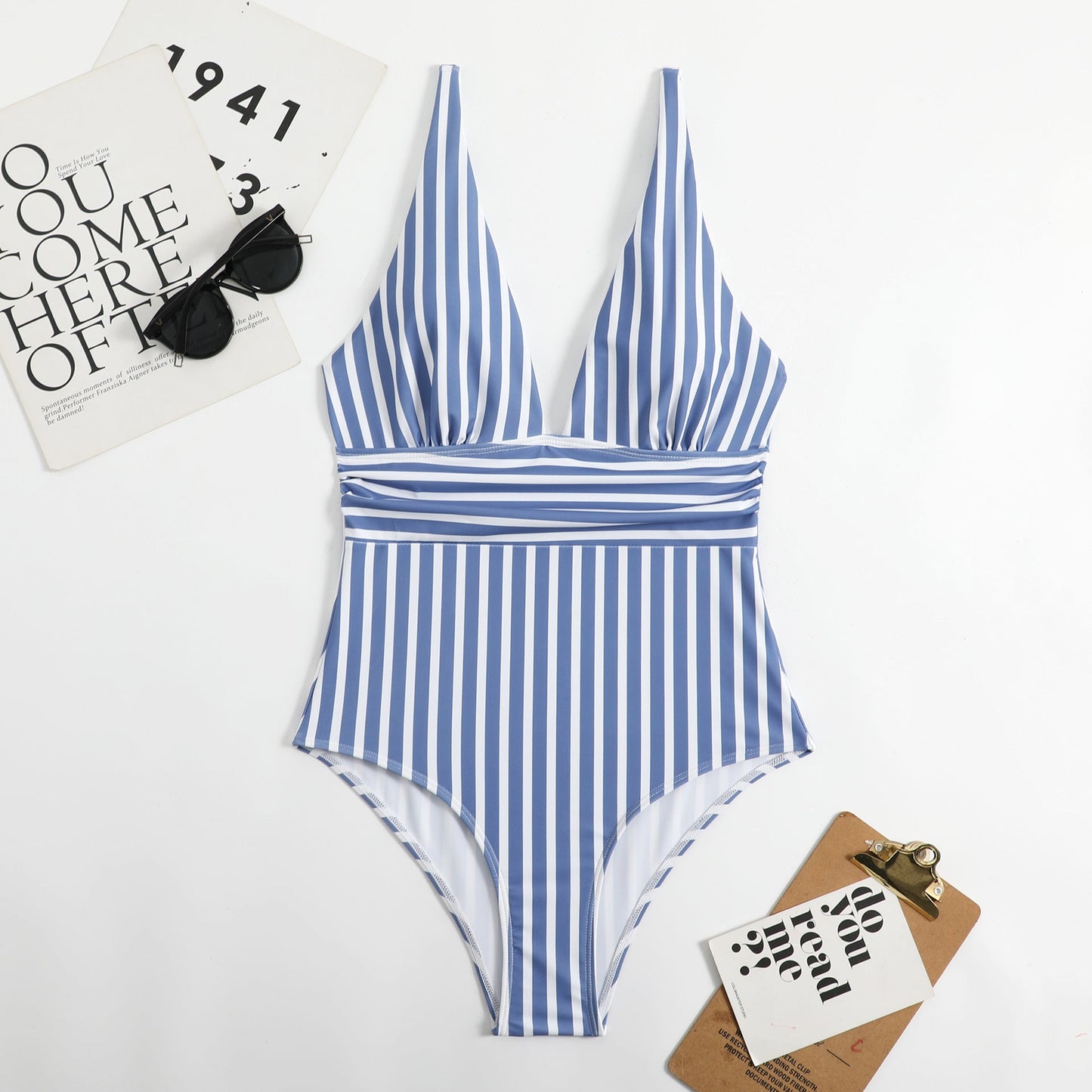 Athena Swimsuit | Retro V-Neck Striped Swimsuit