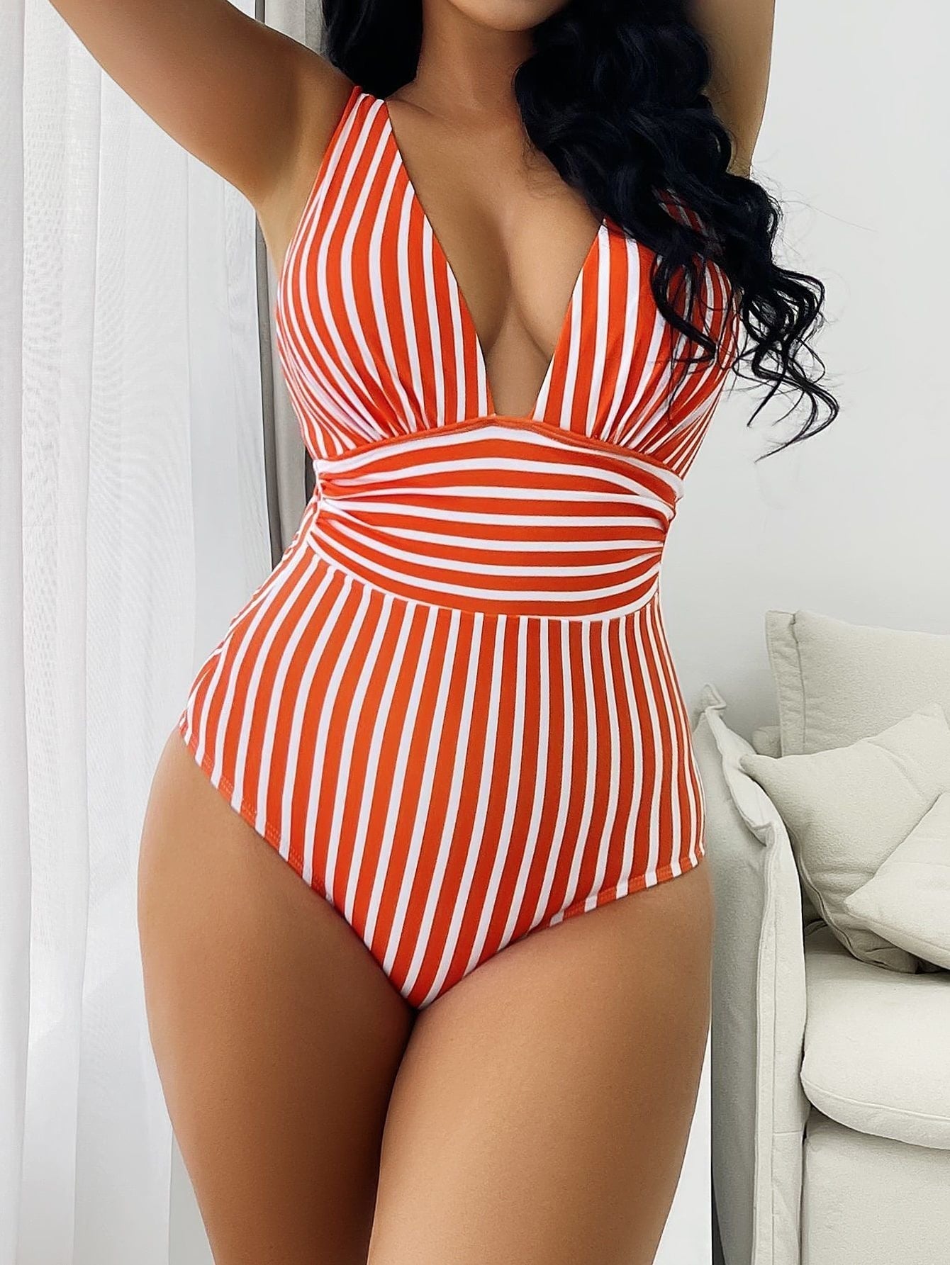 Athena Swimsuit | Retro V-Neck Striped Swimsuit