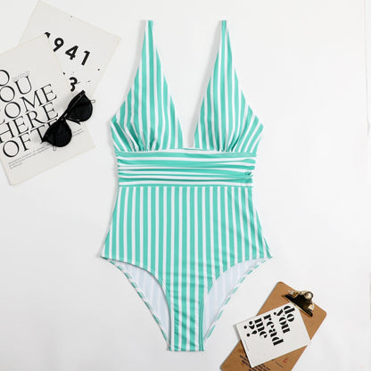 Athena Swimsuit | Retro V-Neck Striped Swimsuit