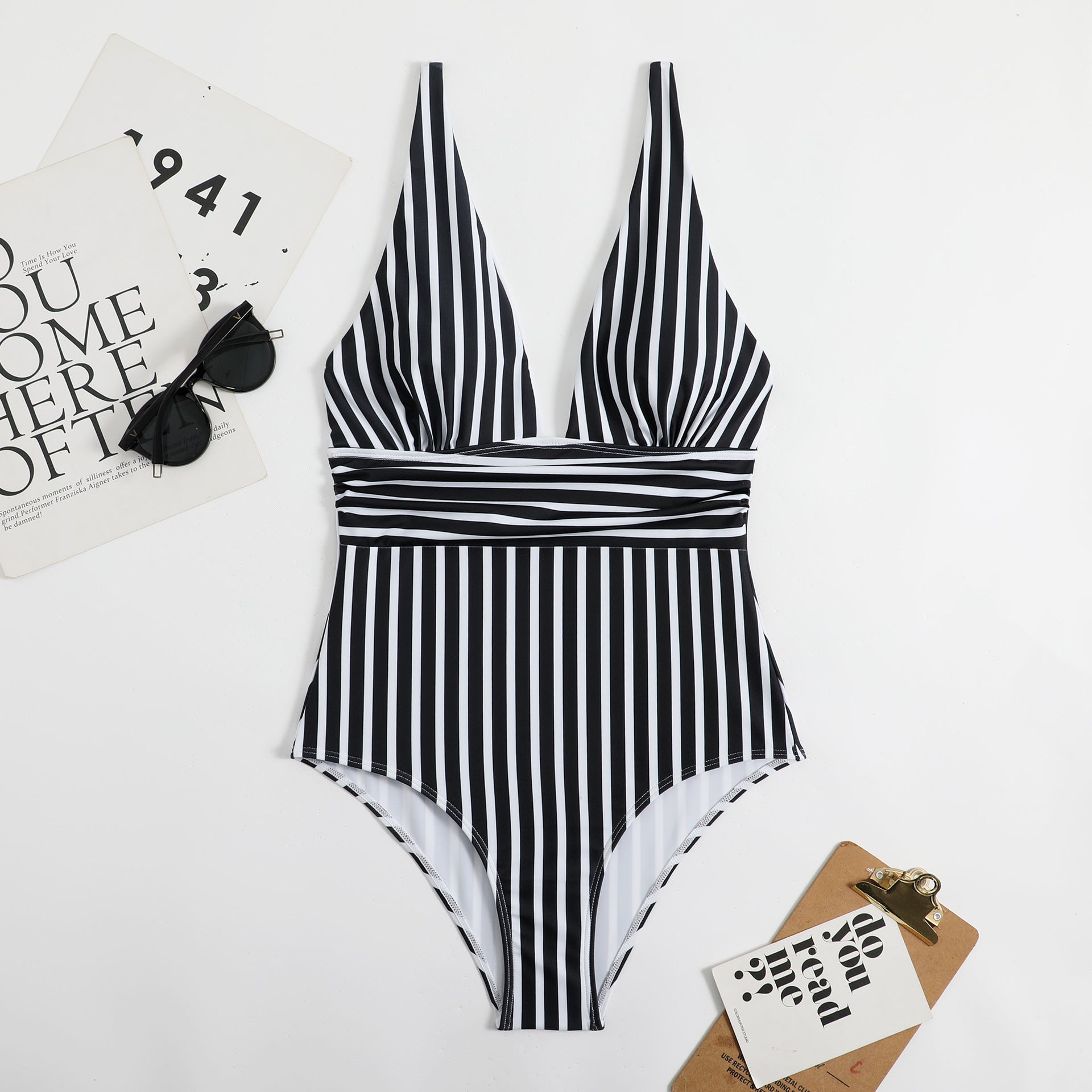 Athena Swimsuit | Retro V-Neck Striped Swimsuit