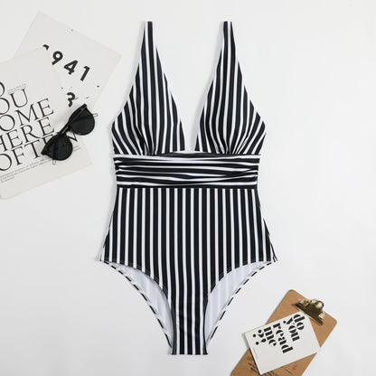 Athena Swimsuit | Retro V-Neck Striped Swimsuit