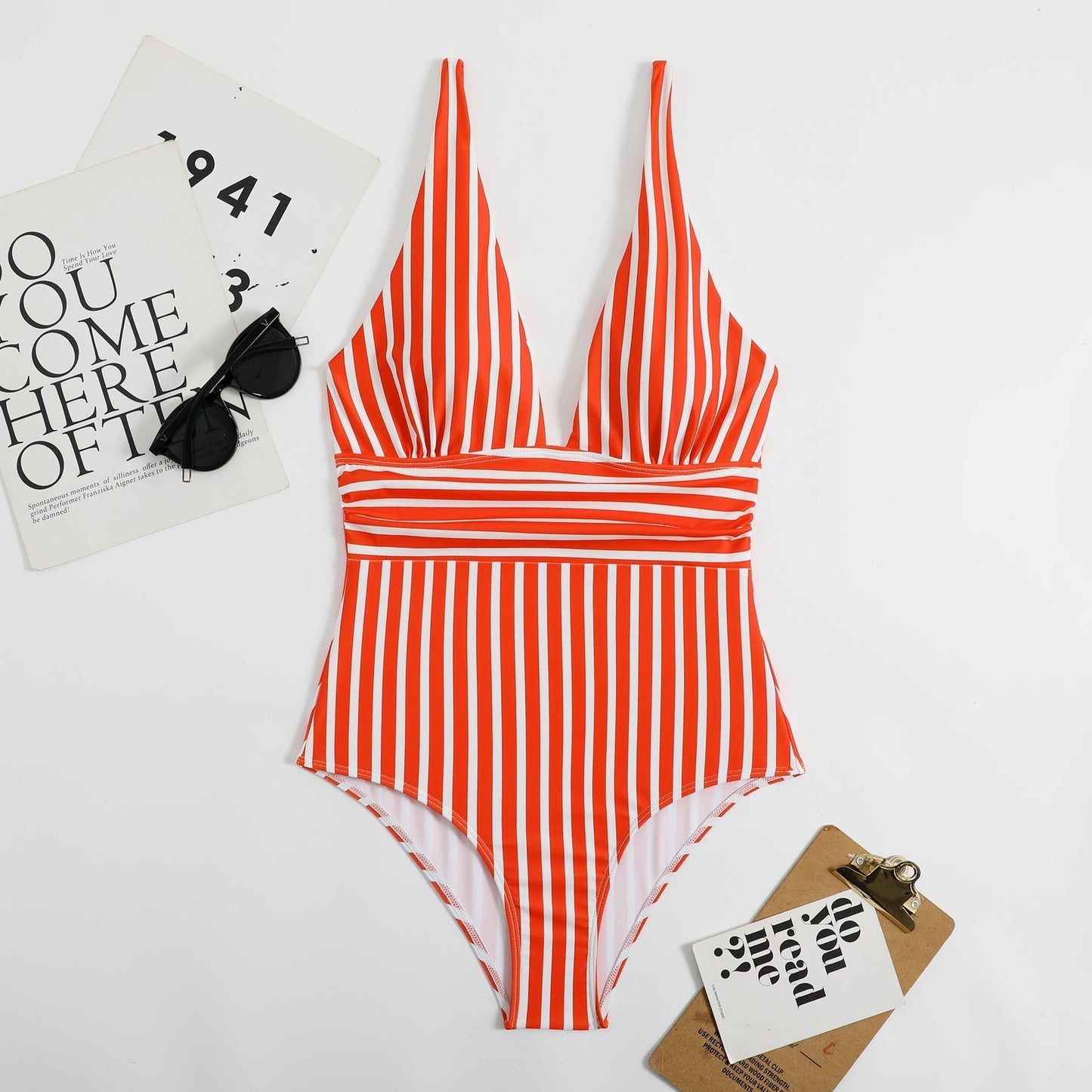 Athena Swimsuit | Retro V-Neck Striped Swimsuit
