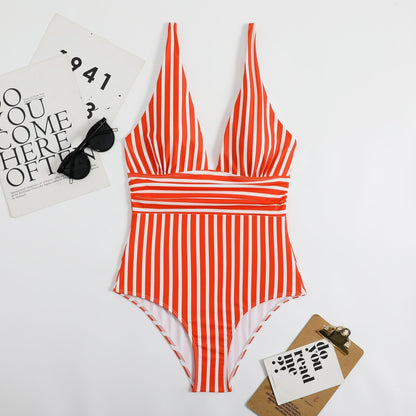 Athena Swimsuit | Retro V-Neck Striped Swimsuit