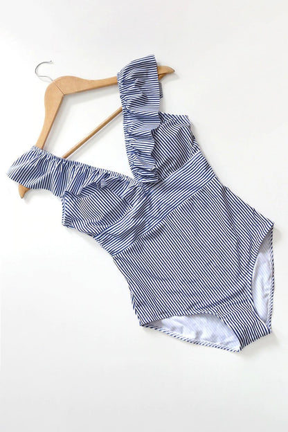 Audrey Swimsuit | Retro V-Neck Striped & Ruffled Swimsuit