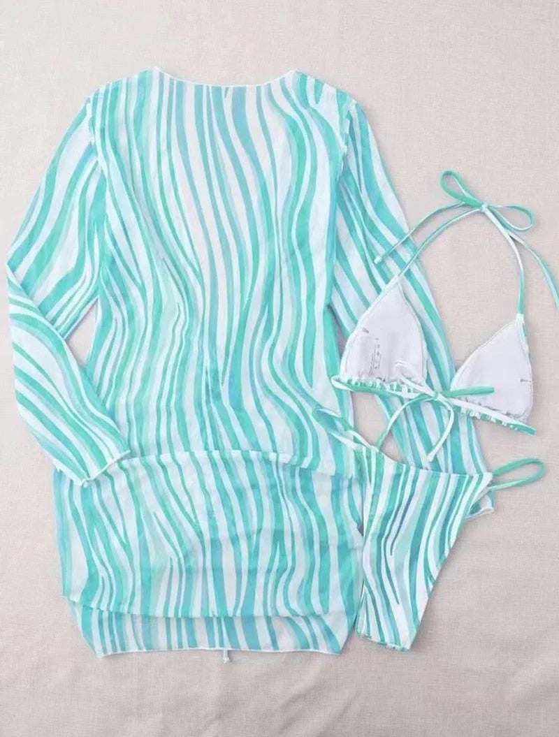 Farah Bikini | Women's 3-Piece Striped Bikini Set
