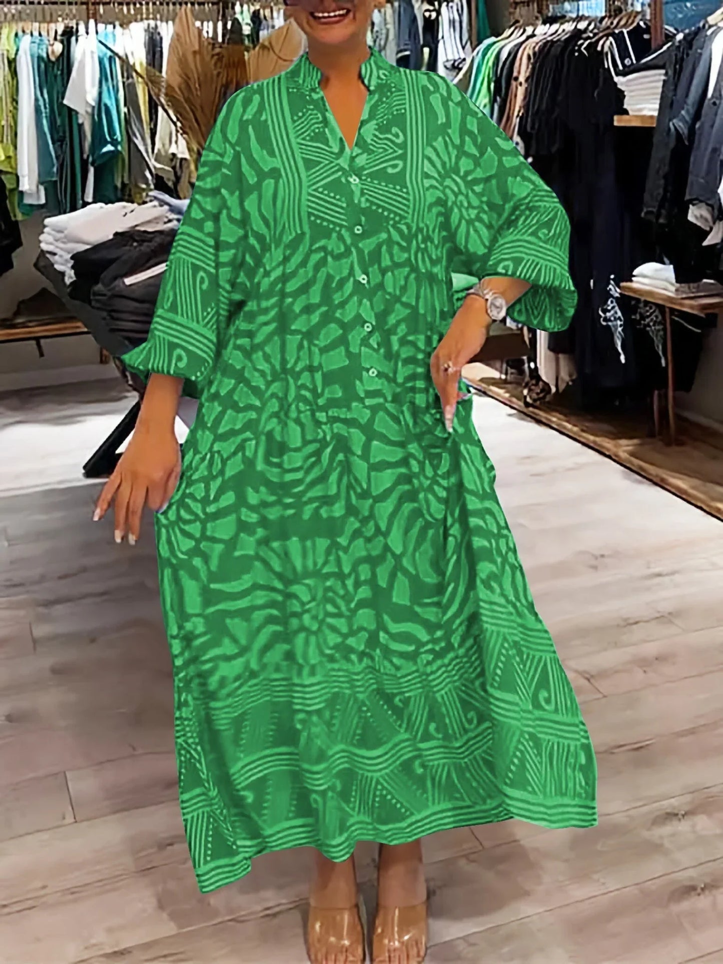 Filomena Dress | Women's Printed Loose-Fit V-Neck Maxi Dress
