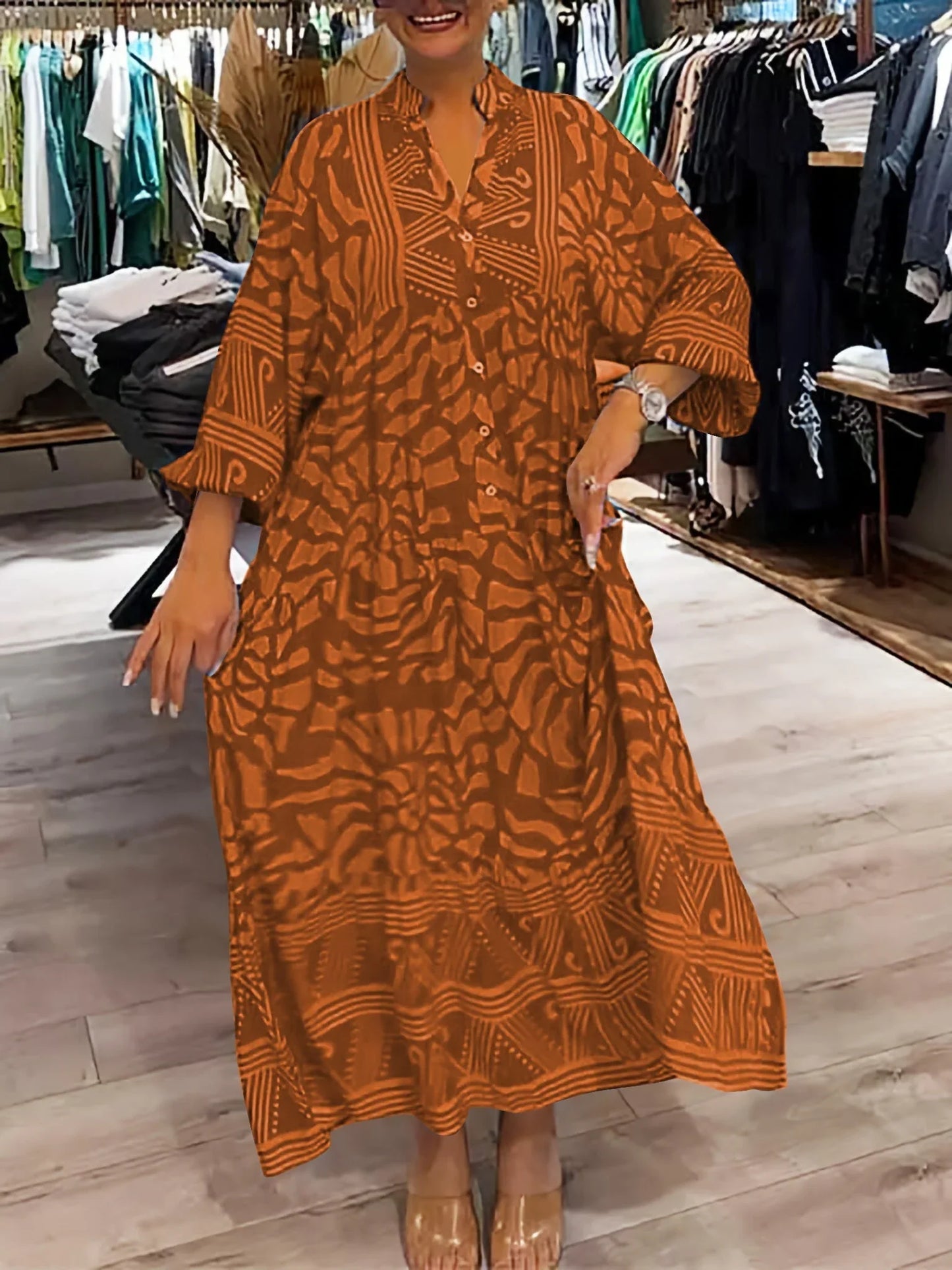 Filomena Dress | Women's Printed Loose-Fit V-Neck Maxi Dress