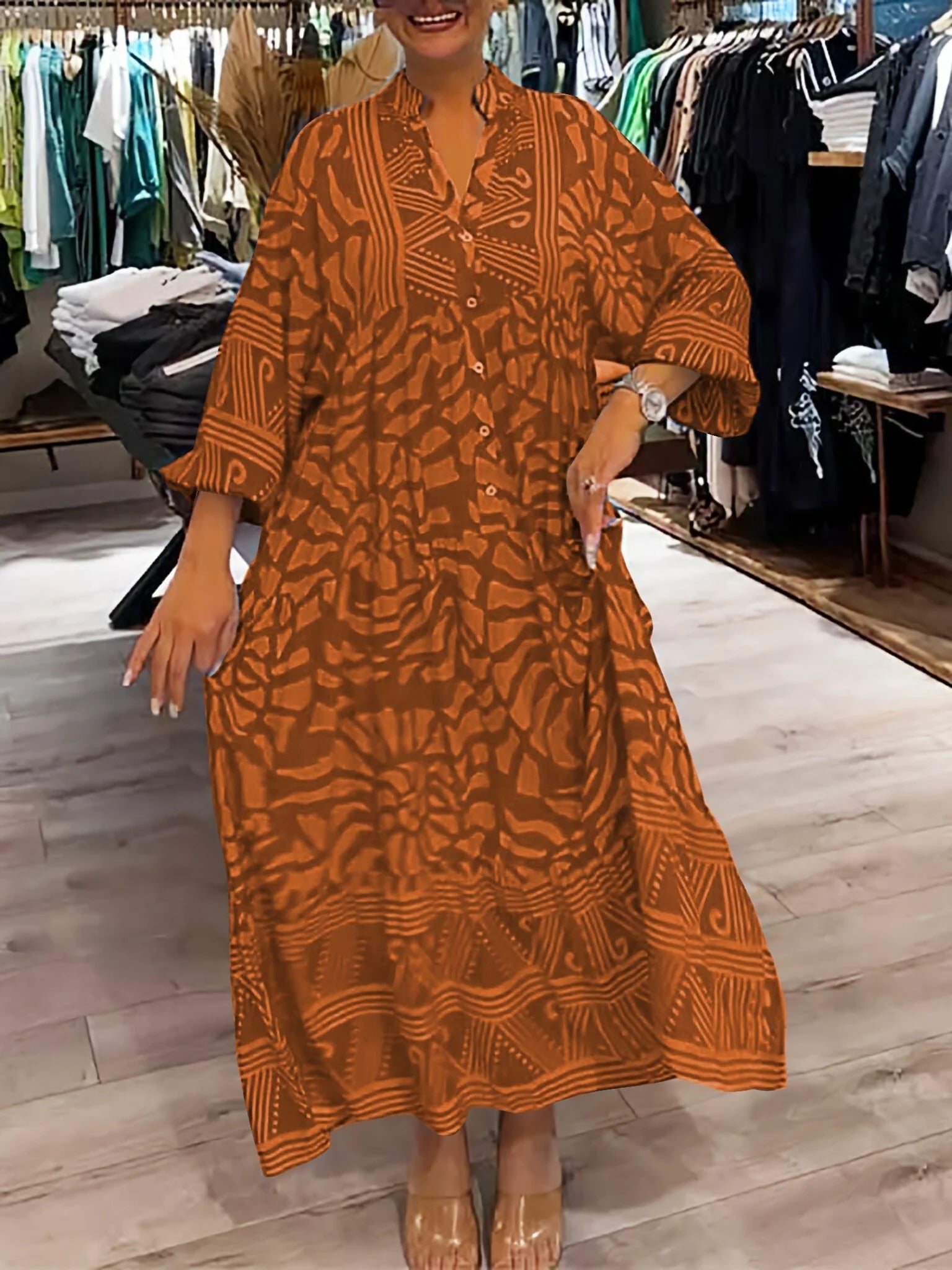 Filomena Dress | Women's Printed Loose-Fit V-Neck Maxi Dress