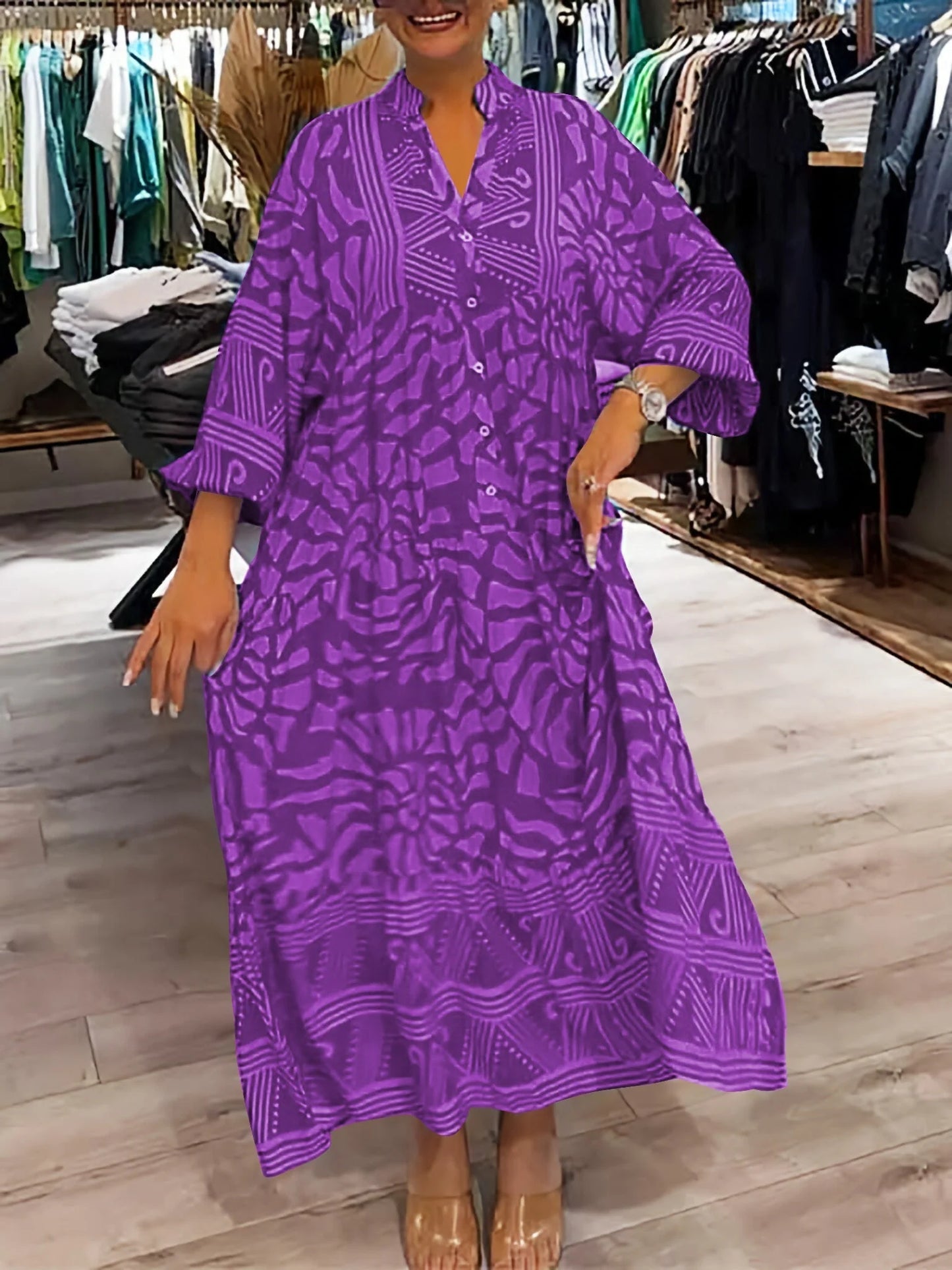 Filomena Dress | Women's Printed Loose-Fit V-Neck Maxi Dress