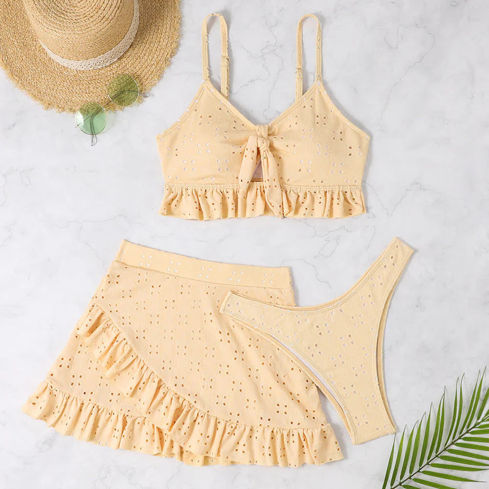 Greta Swimwear | Women's 3-Piece Ruffle Bikini Set with Skirt