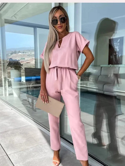 Haniya Jumpsuit | Short Sleeve V-Neck Relaxed Fit Jumpsuit