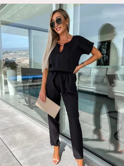 Haniya Jumpsuit | Short Sleeve V-Neck Relaxed Fit Jumpsuit