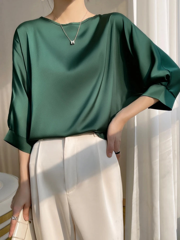 Harleen Blouse | Women's Satin O-Neck Midi Sleeve Blouse