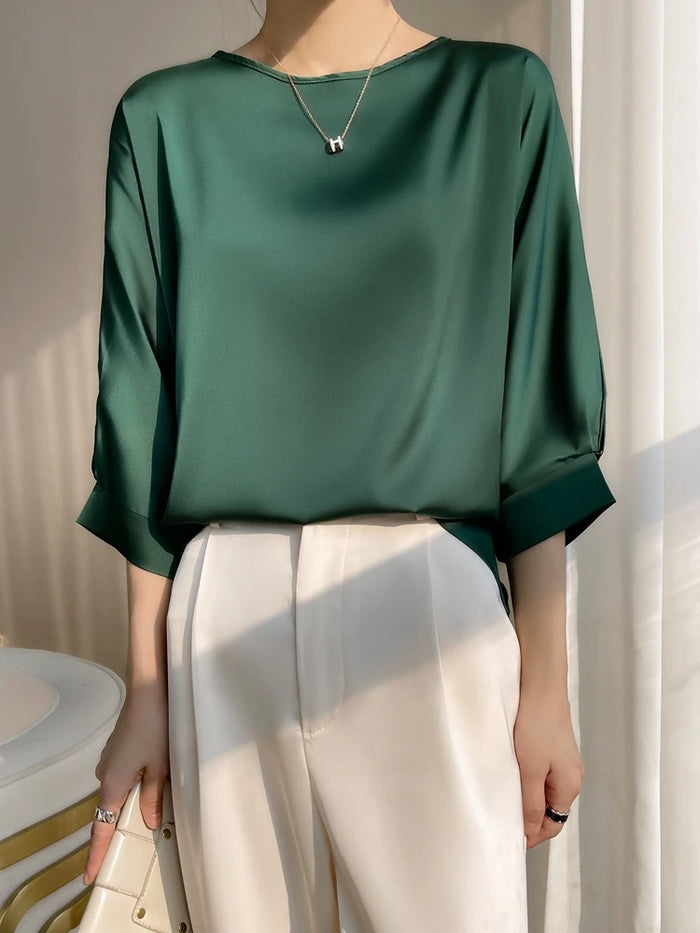 Harleen Blouse | Women's Satin O-Neck Midi Sleeve Blouse