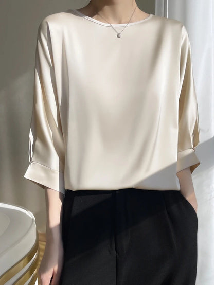 Harleen Blouse | Women's Satin O-Neck Midi Sleeve Blouse