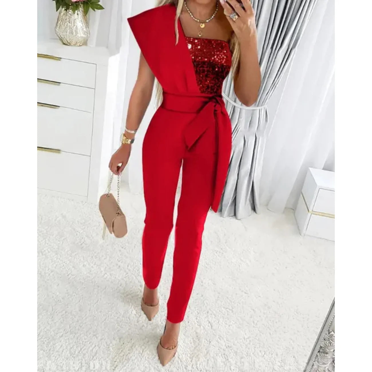 Hyacinth Jumpsuit | Sequin Patchwork One Shoulder Party Jumpsuit