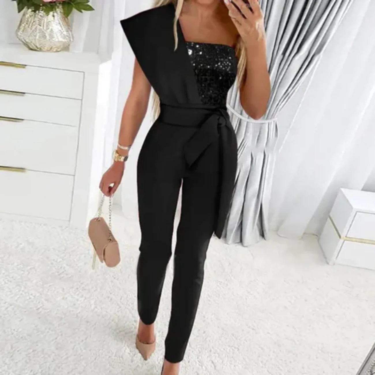 Hyacinth Jumpsuit | Sequin Patchwork One Shoulder Party Jumpsuit