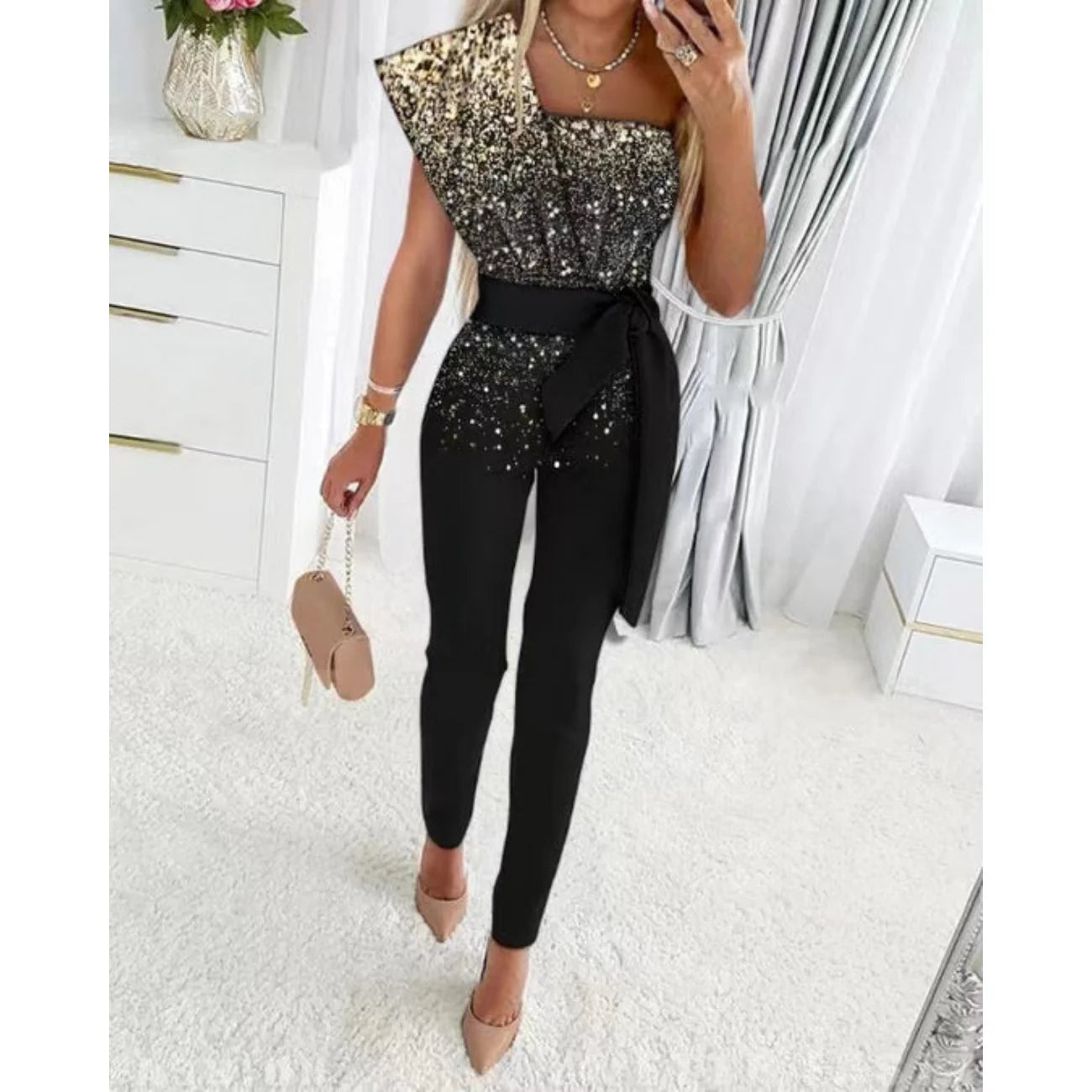 Hyacinth Jumpsuit | Sequin Patchwork One Shoulder Party Jumpsuit