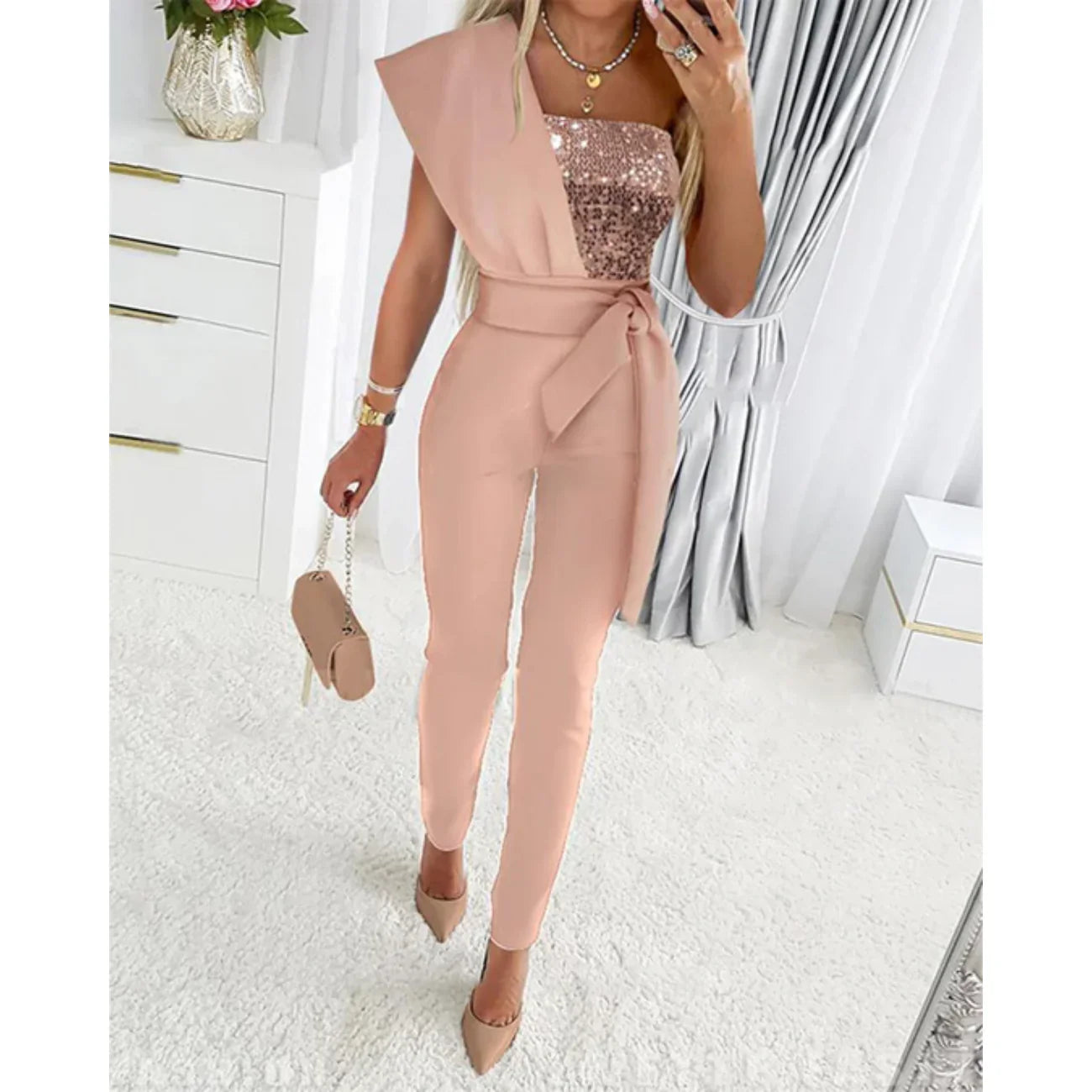 Hyacinth Jumpsuit | Sequin Patchwork One Shoulder Party Jumpsuit