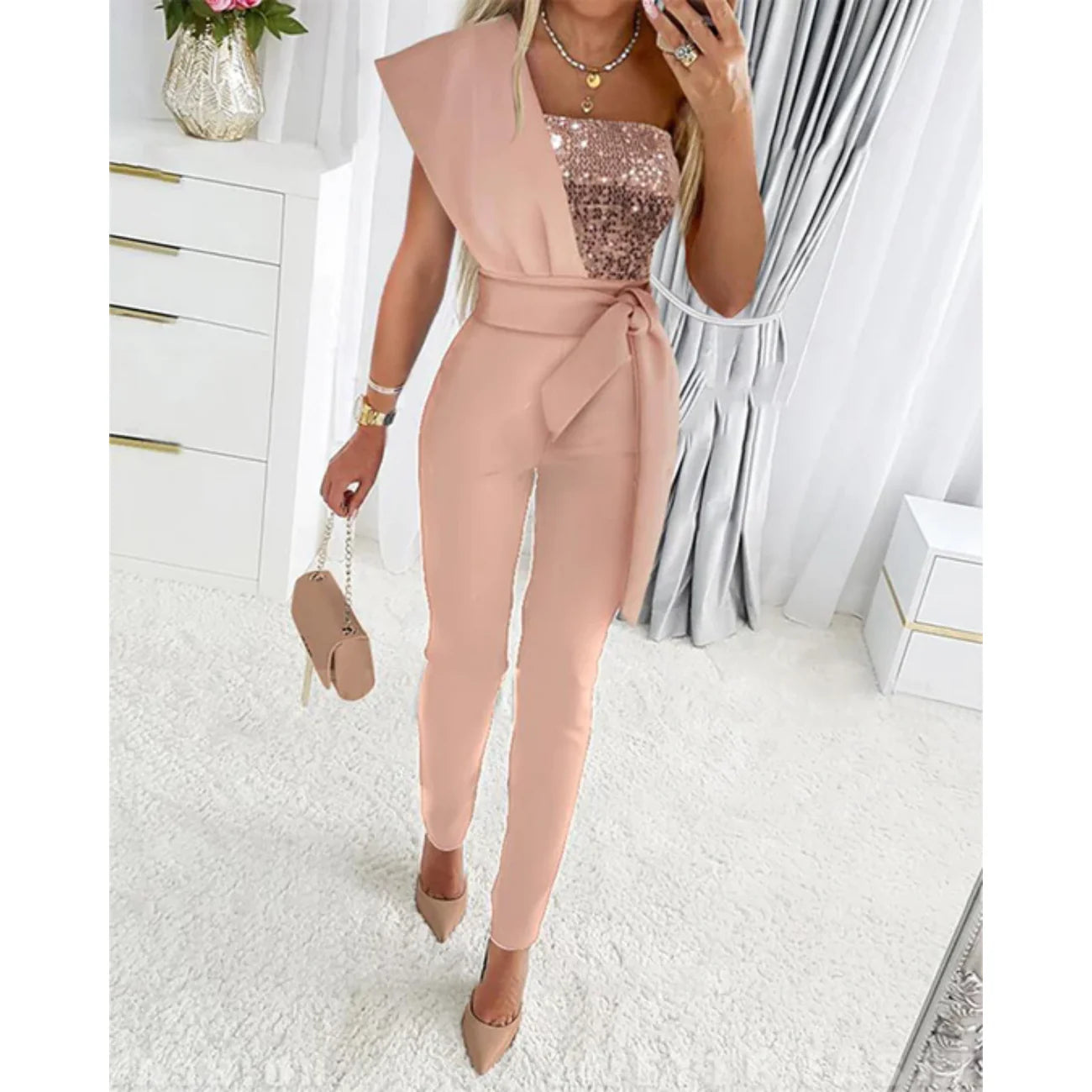 Hyacinth Jumpsuit | Sequin Patchwork One Shoulder Party Jumpsuit
