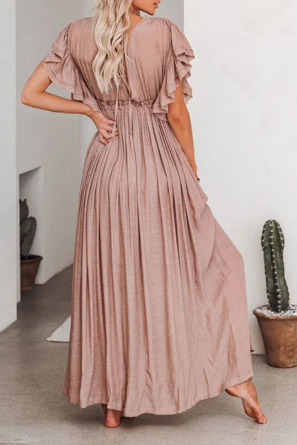 Isleen Dress | Airy V-Neck Maxi Dress with Ruffled Sleeves and Buttons