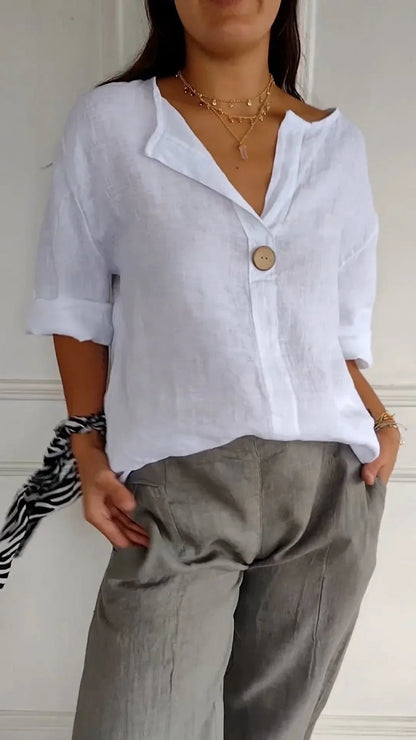 Ivory Blouse | Loose Fit 3/4 Sleeve Casual Button-Front Top