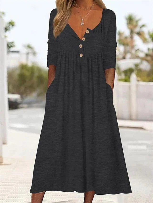 Izla Dress | V-Neck Button Front Midi Dress with Pockets
