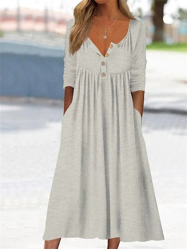 Izla Dress | V-Neck Button Front Midi Dress with Pockets