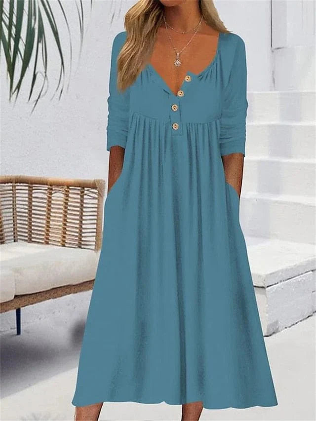 Izla Dress | V-Neck Button Front Midi Dress with Pockets