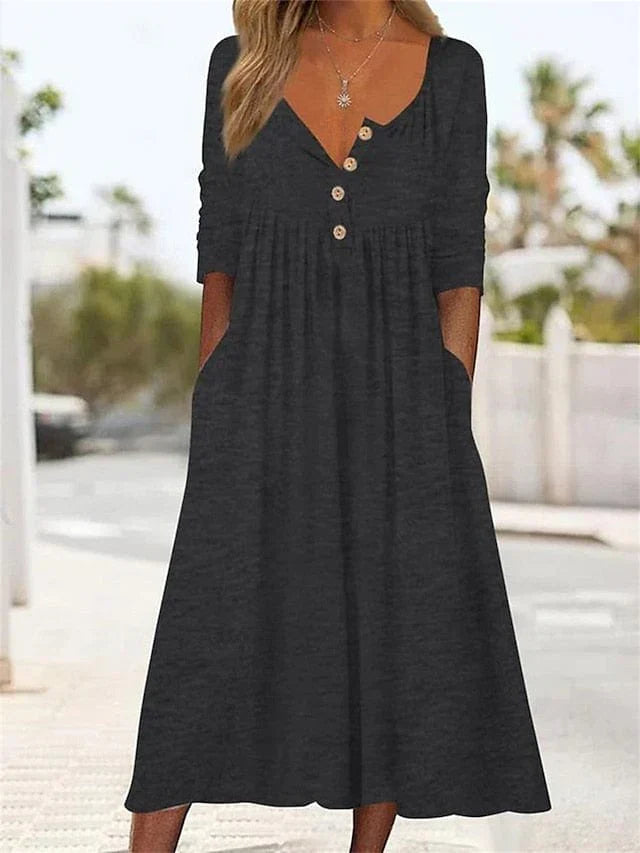 Izla Dress | V-Neck Button Front Midi Dress with Pockets